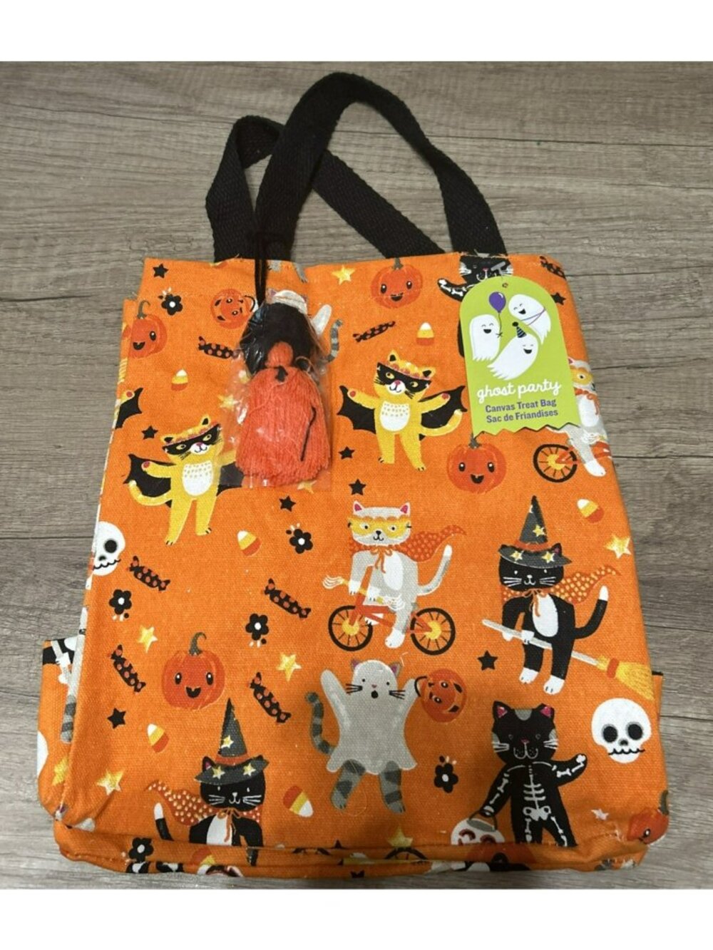 Ghost Party Halloween Canvas Treat Bag With Cat & Pumpkin Print Orange & Black I